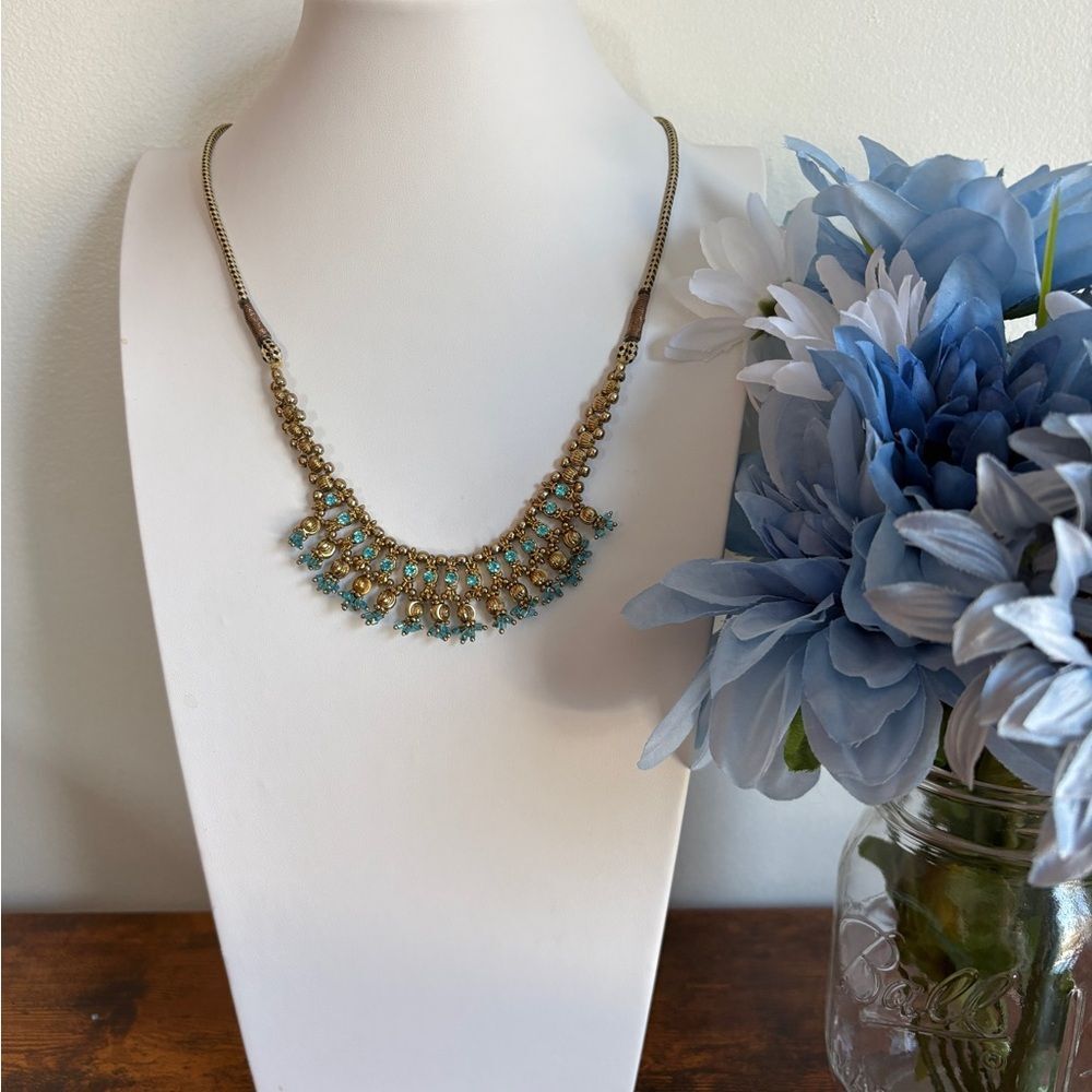 Vintage Art Deco Style Gold-Tone and Blue Rhinestones Necklace 14"
